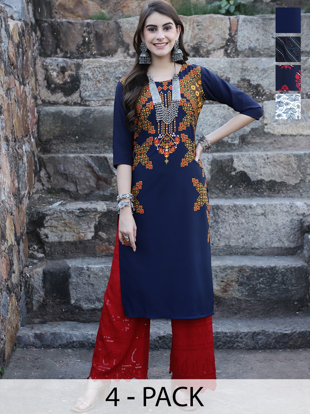 

7Threads Selection Of 4 Ethnic Motifs Printed Crepe Kurta, Blue