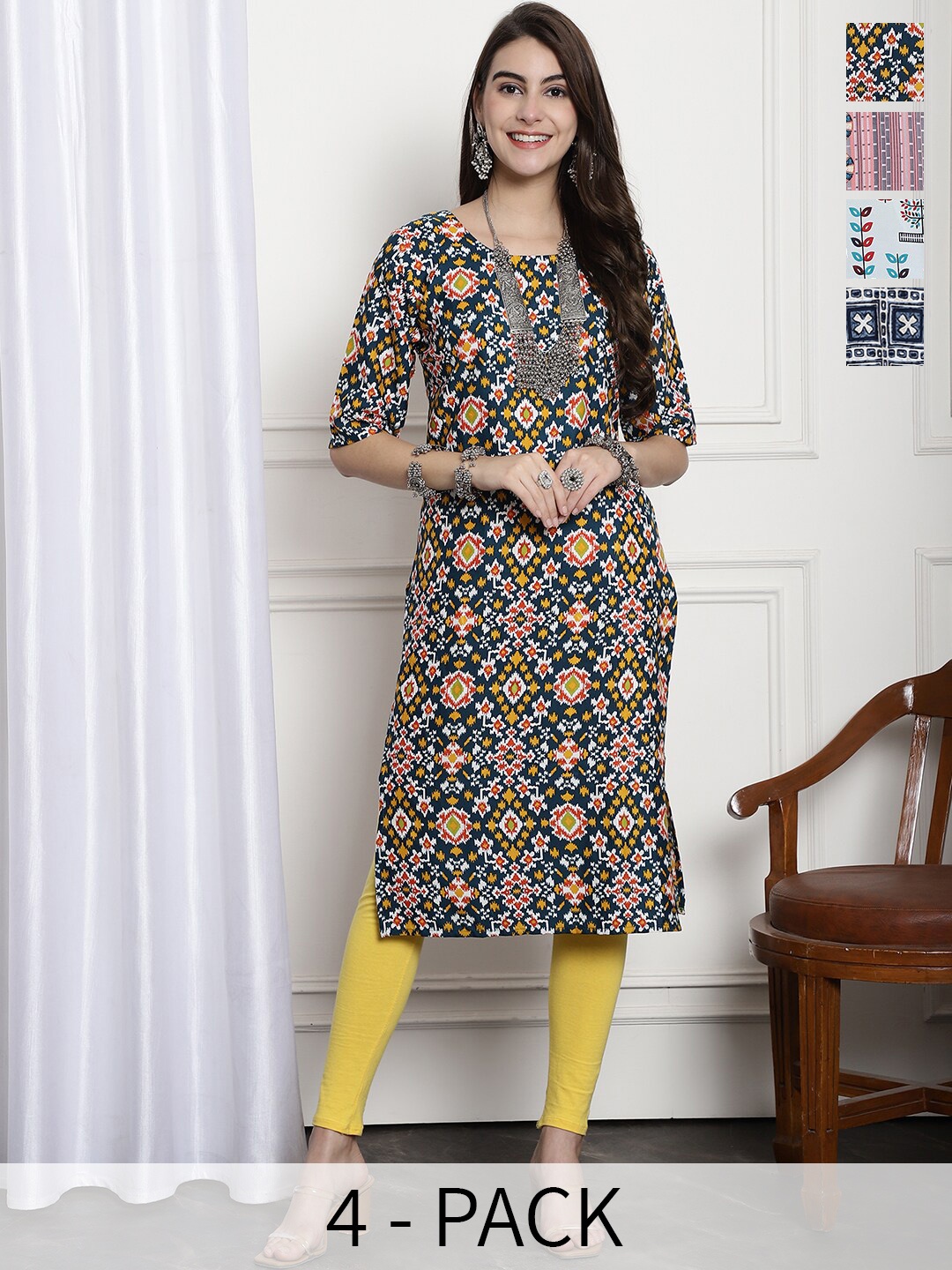 

7Threads Selection Of 4 Geometric Printed Straight Crepe Kurtas, Green