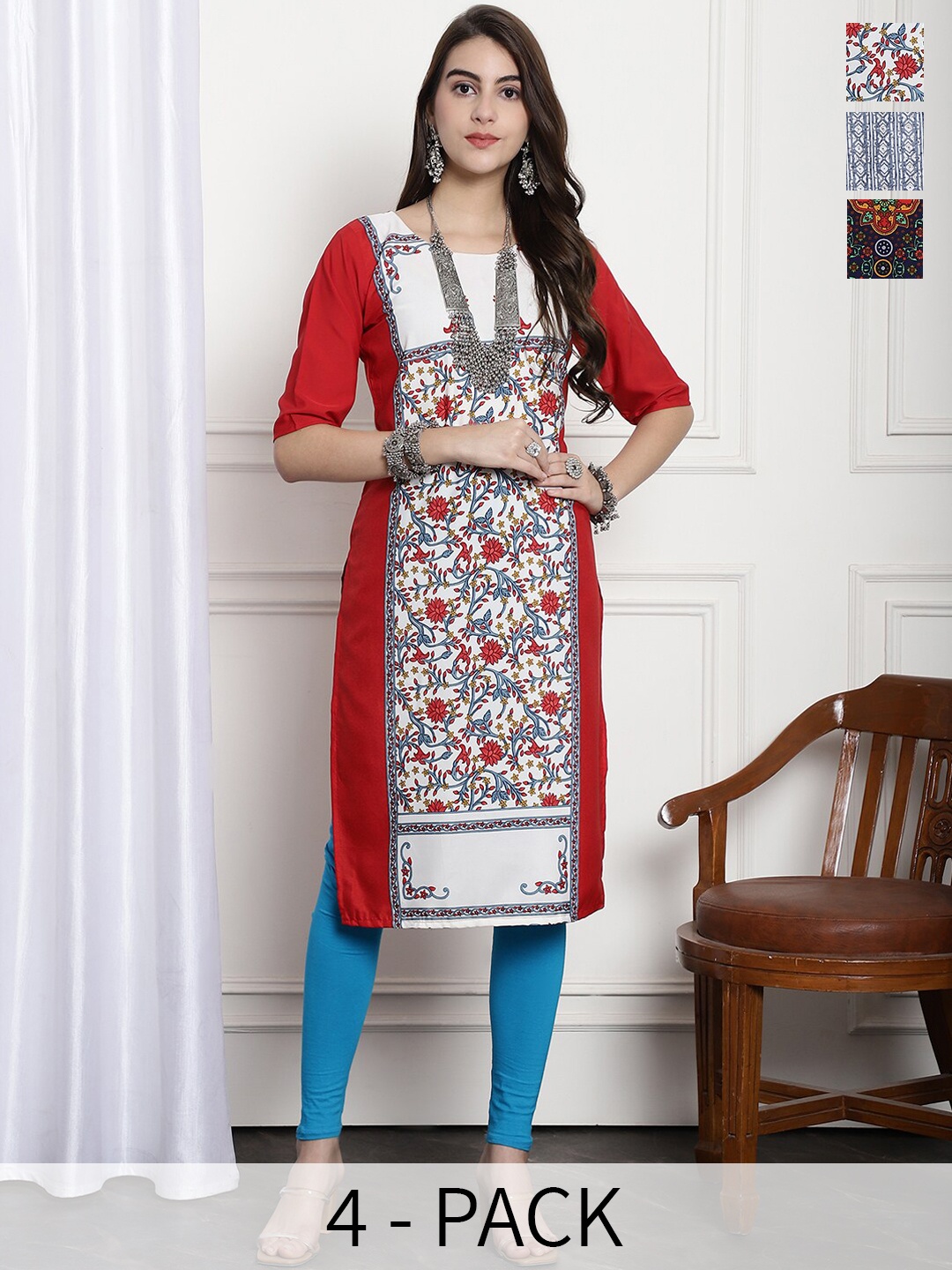 

7Threads Selection Of 4 Ethnic Motifs Printed Crepe Kurta, Red