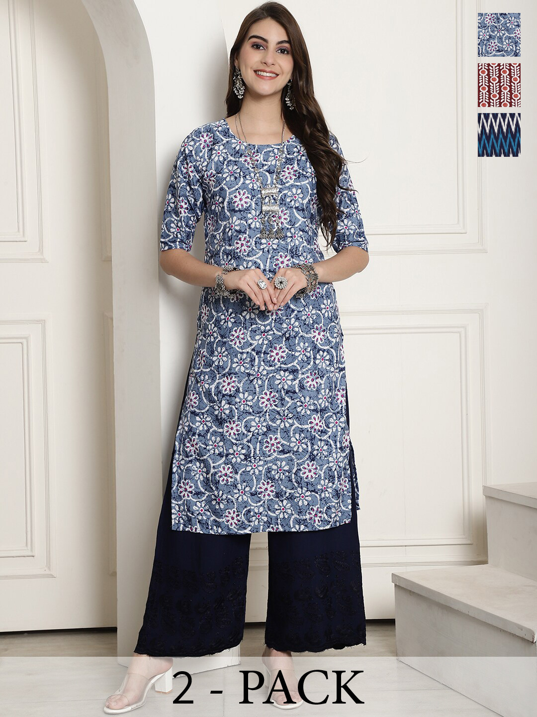 

7Threads Selection of 3 Floral Printed Straight Kurta, Blue