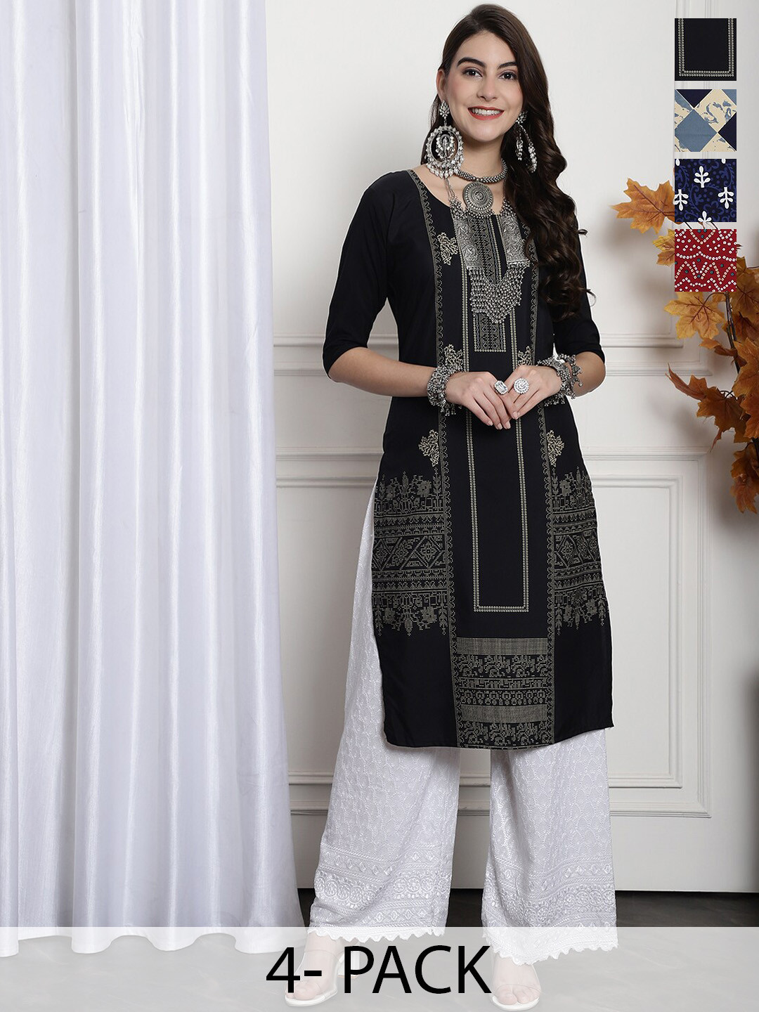 

7Threads Pack of 4 Ethnic Motifs Printed Summer Sheers Crepe Kurta, Multi