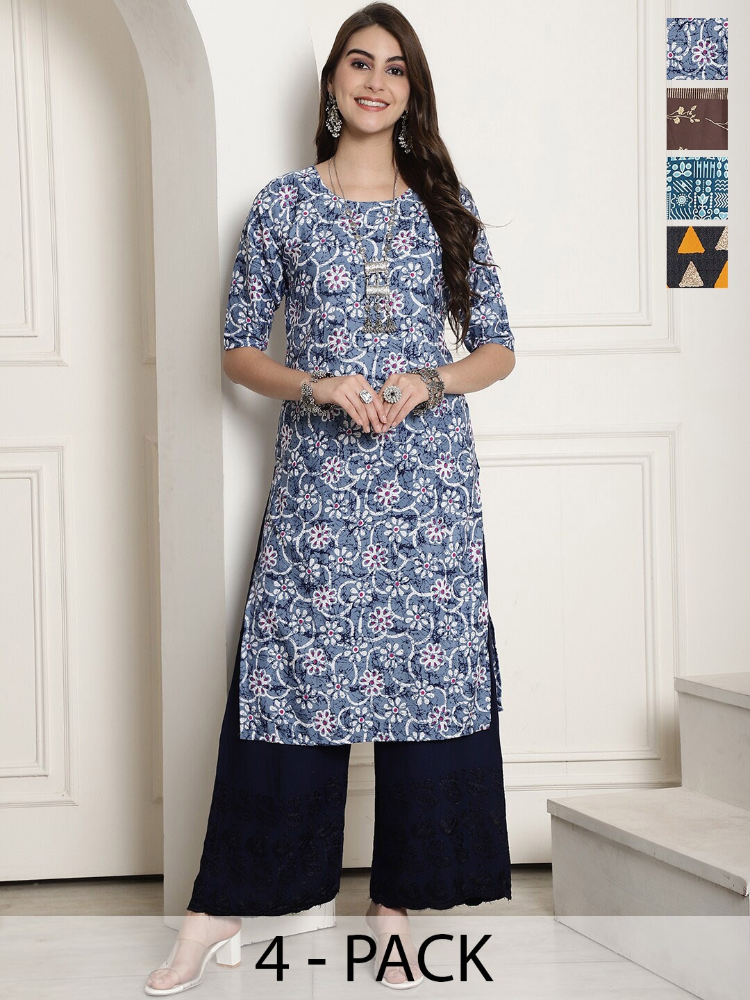 

7Threads Selection Of 4 Ethnic Motifs Printed Crepe Straight Kurta, Grey