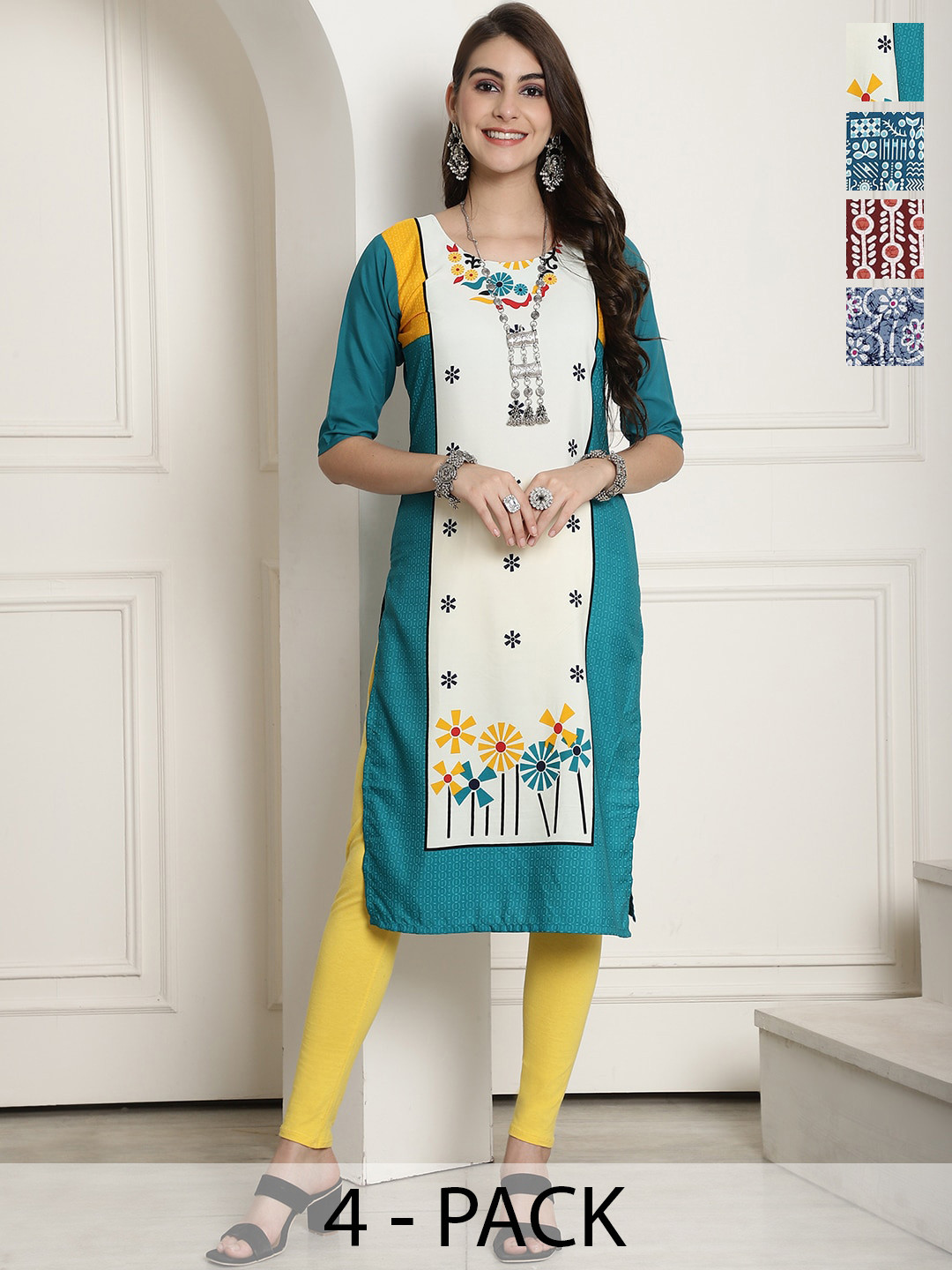 

7Threads Selection Of 4 Printed Straight Crepe Kurtas, Blue