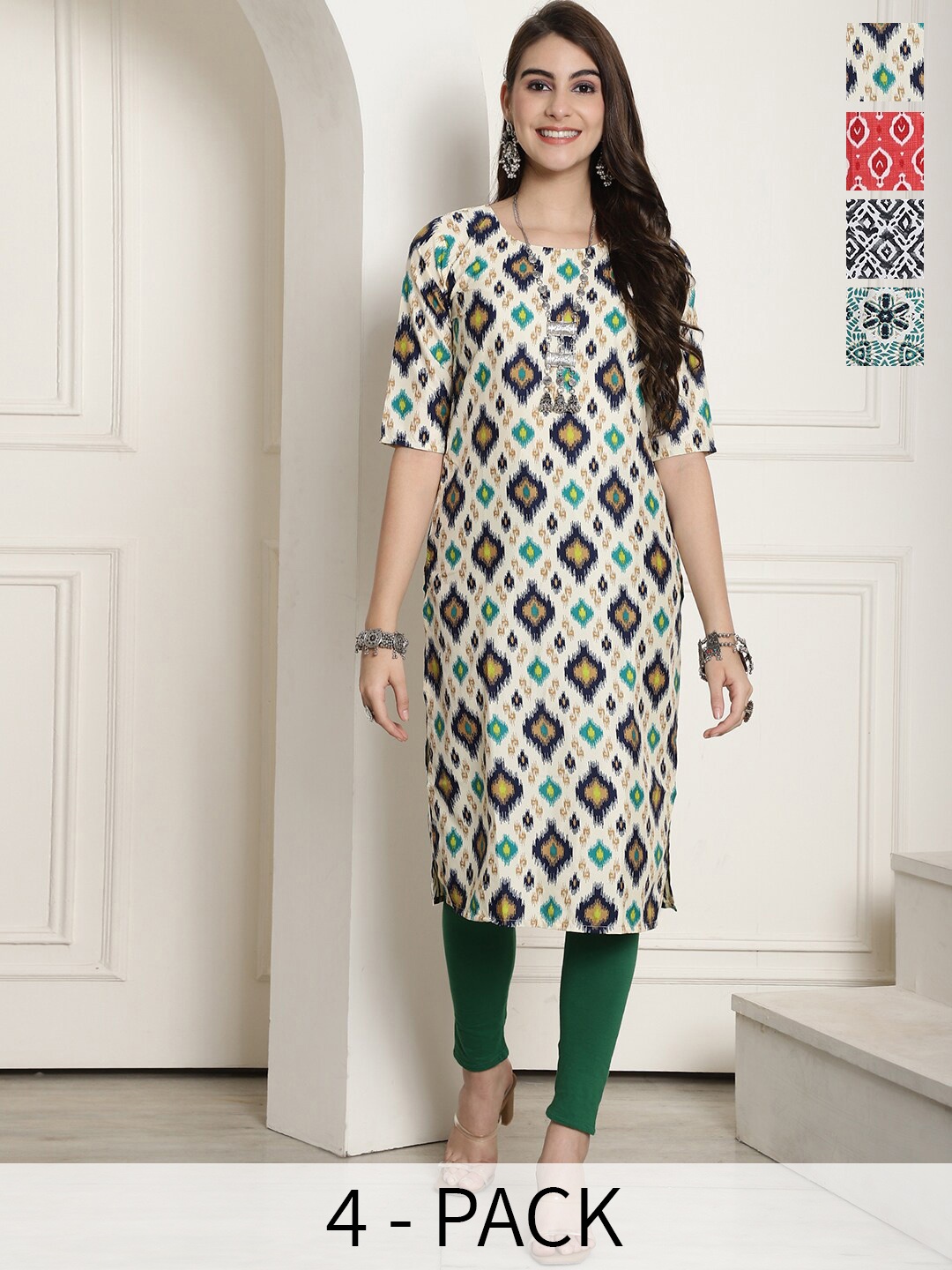 

7Threads Selection of 4 Ethnic Motifs Printed Straight Kurta, White