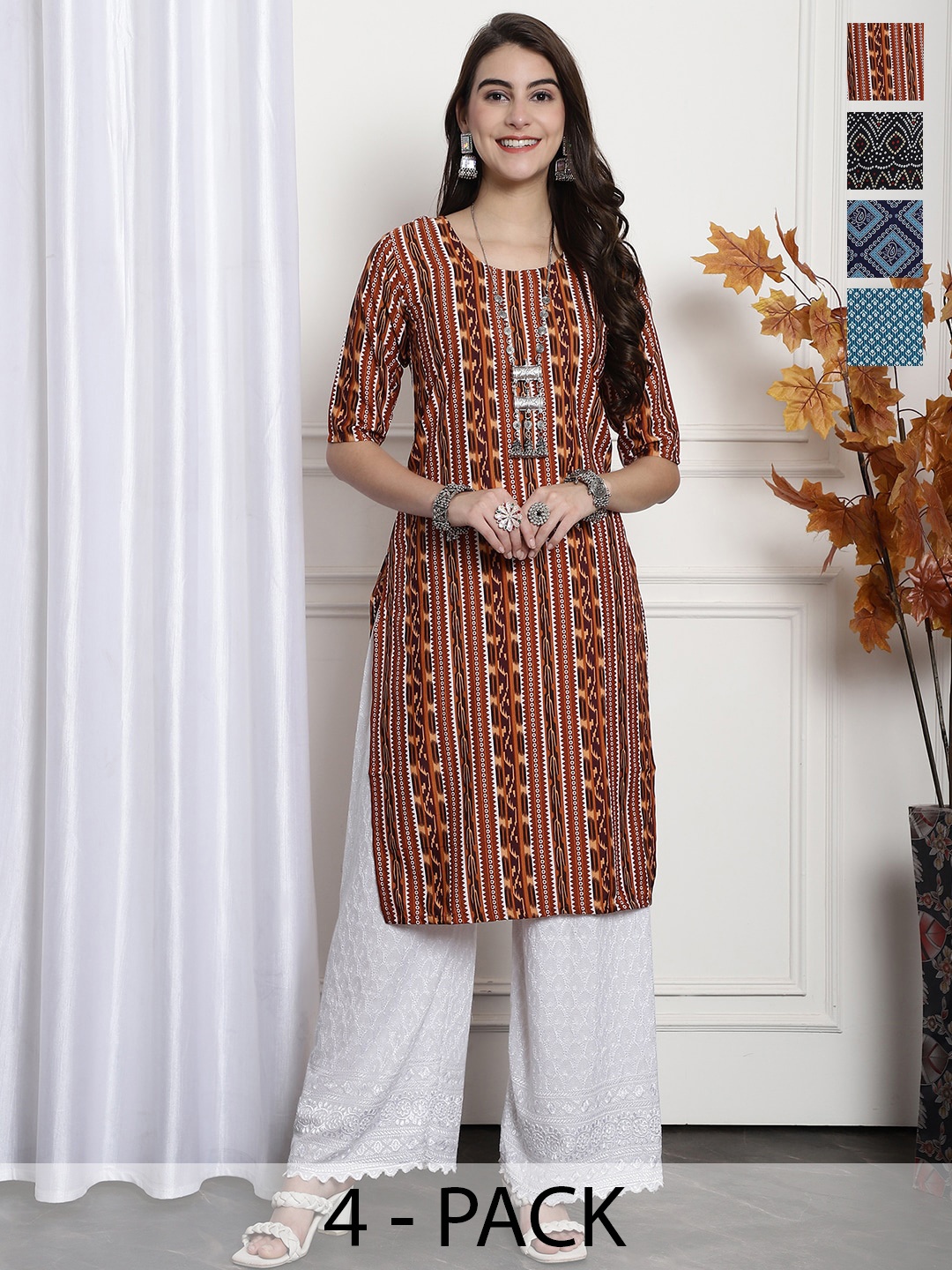 

7Threads Selection Of 4 Ethnic Motifs Printed Straight Kurta, Brown