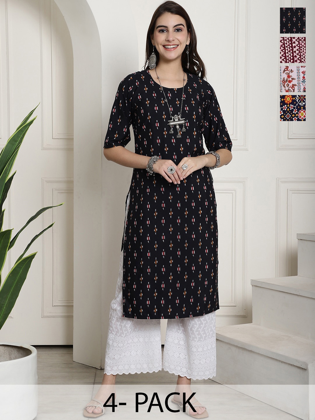 

7Threads Selection Of 4 Ethnic Motifs Printed Crepe Kurta, Navy blue