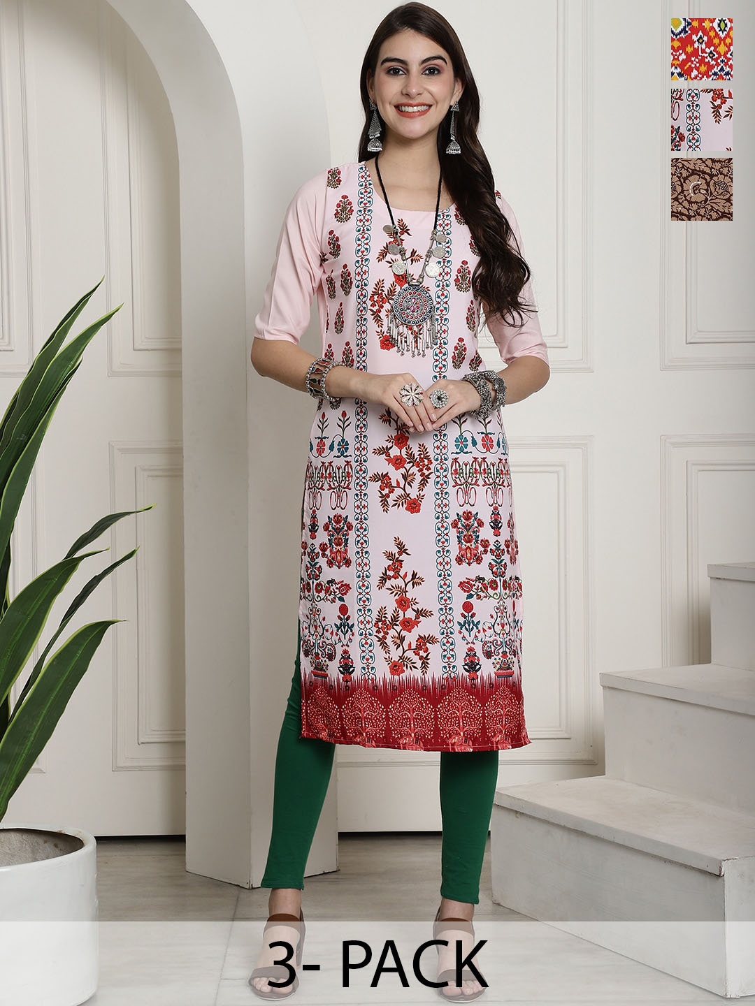 

7Threads Selection Of 3 Ethnic Motifs Printed Crepe Kurta, Pink