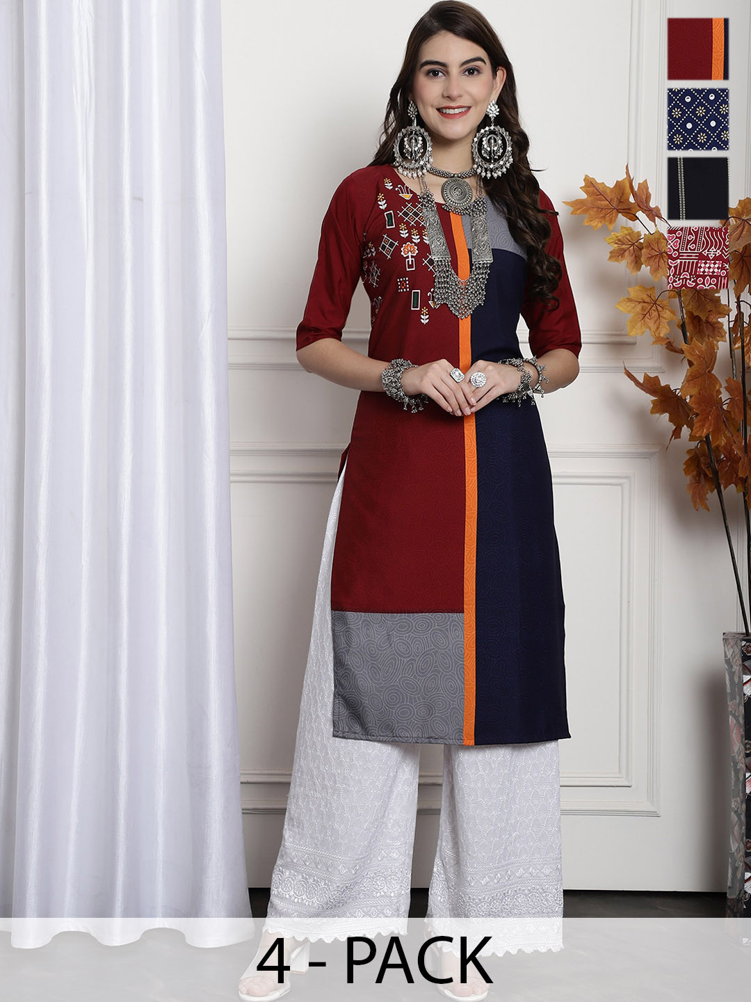 

7Threads Selection Of 4 Geometric Printed Straight Kurta, Maroon