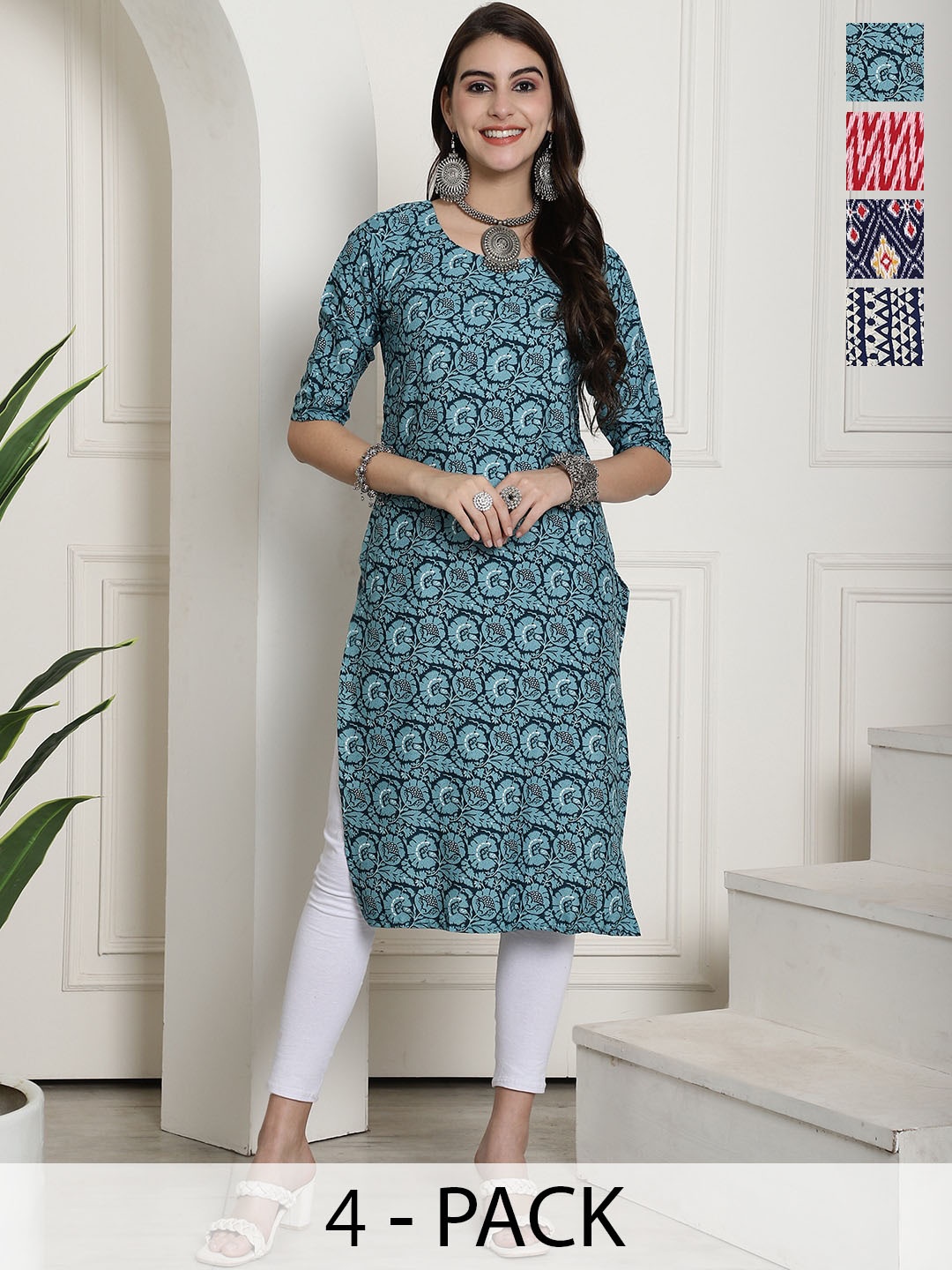 

7Threads Selection Of 4 Ethnic Motifs Printed Straight Kurta, Blue