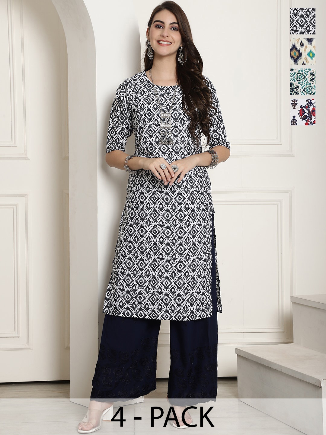 

7Threads Selection Of 4 Printed Round Neck Straight Kurtas, Blue