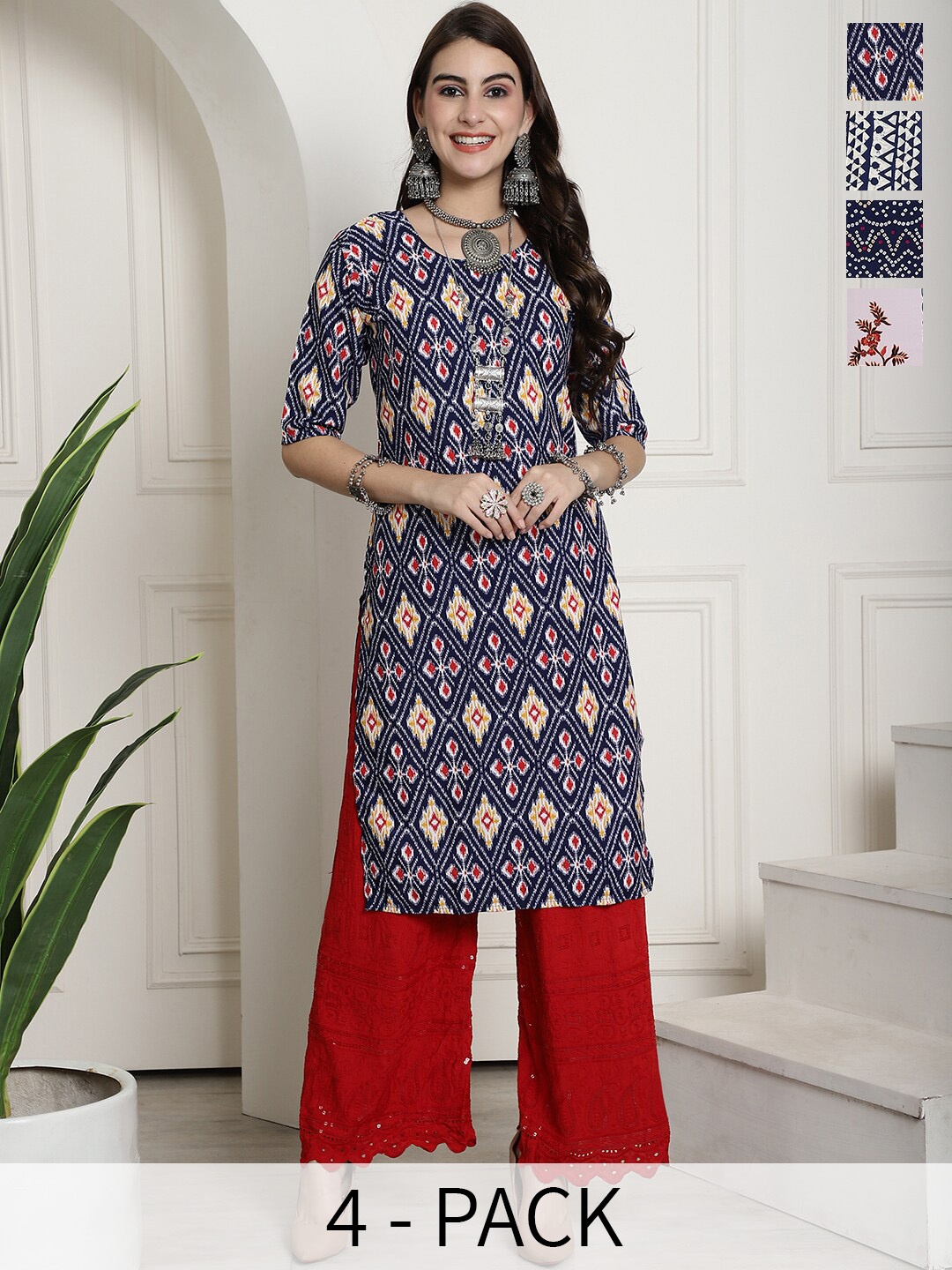 

7Threads Selection Of 4 Ethnic Motifs Printed Straight Crepe Kurtas, Navy blue