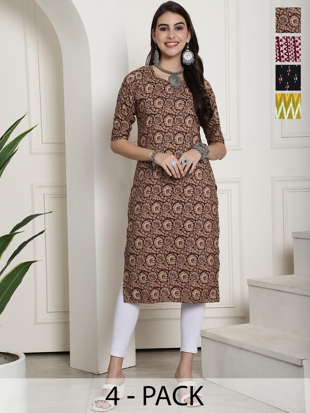 

7Threads Selection Of 4 Ethnic Motifs Printed Straight Kurta, Brown