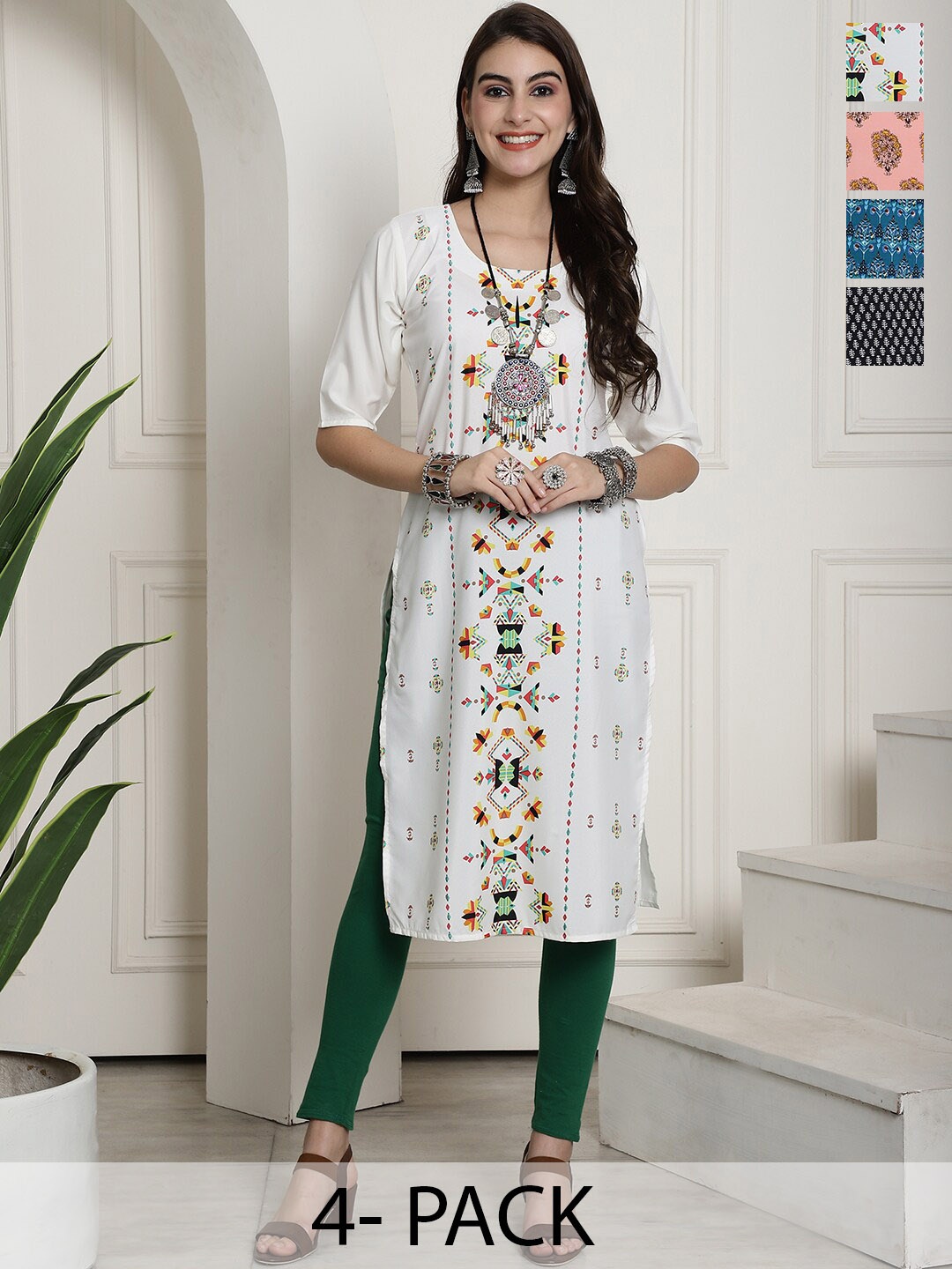 

7Threads Selection Of 4 Geometric Printed Straight Crepe Kurtas, White