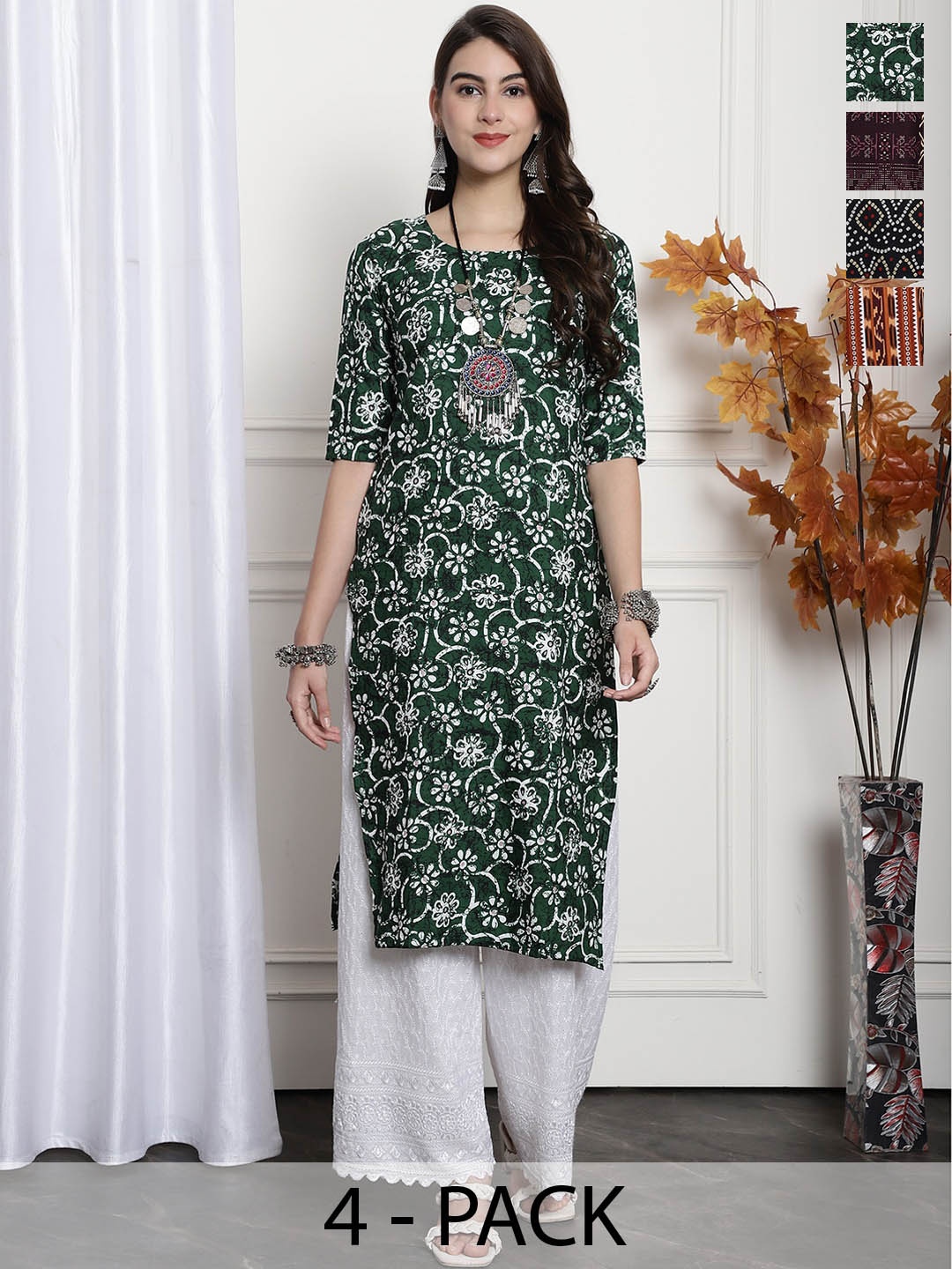 

7Threads Selection Of 4 Ethnic Motifs Printed Round Neck Straight Crepe Kurta, Green