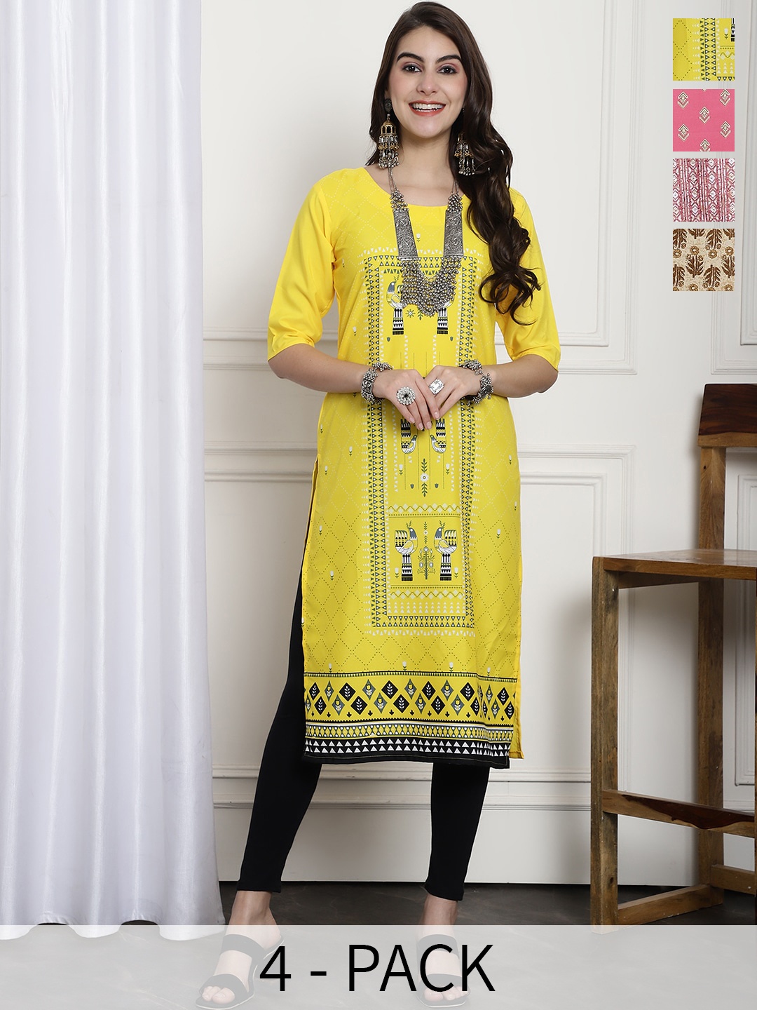 

7Threads Selection Of 4 Printed Straight Crepe Kurtas, Yellow