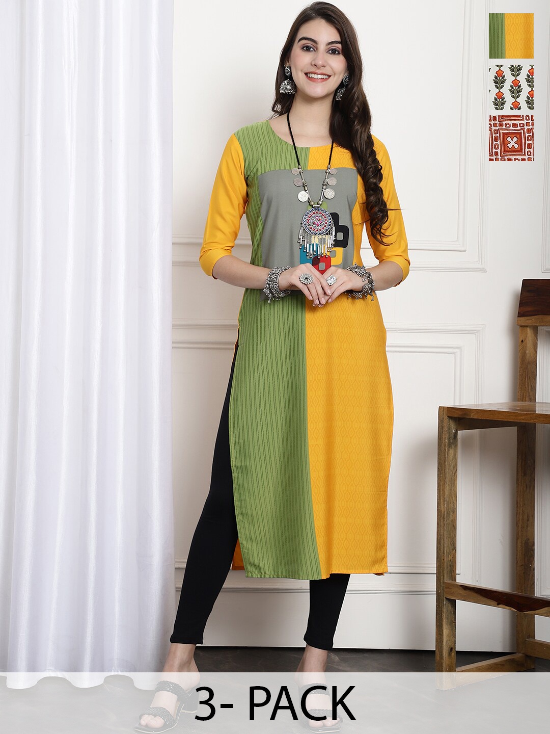 

7Threads Selection Of 3 Ethnic Motifs Printed Straight Kurta, Yellow