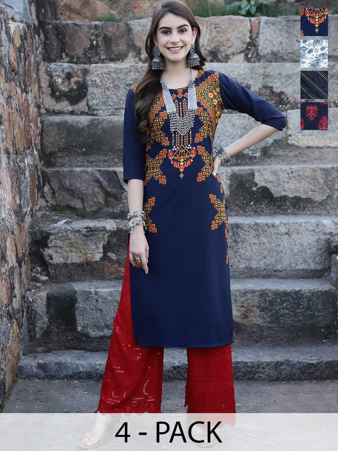 

7Threads Selection Of 4 Ethnic Motifs Printed Crepe Straight Kurta, Blue