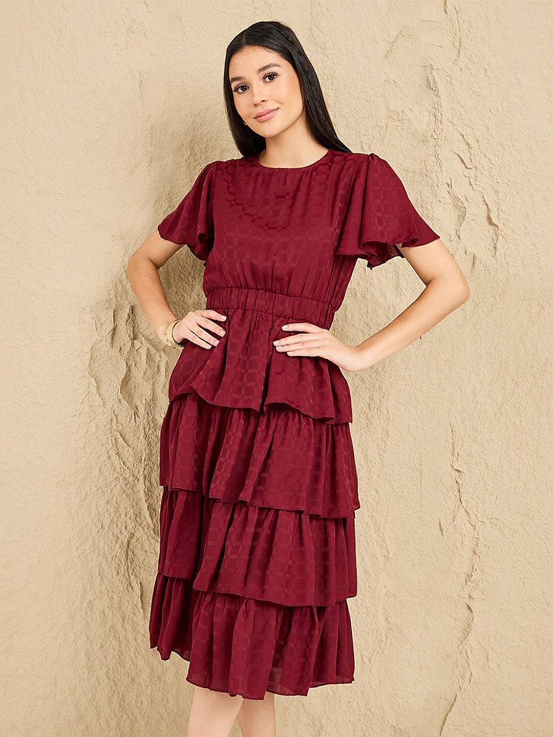 

Styli Checked Flared Sleeve Gathered Tiered Fit and Flare Midi Dress, Burgundy