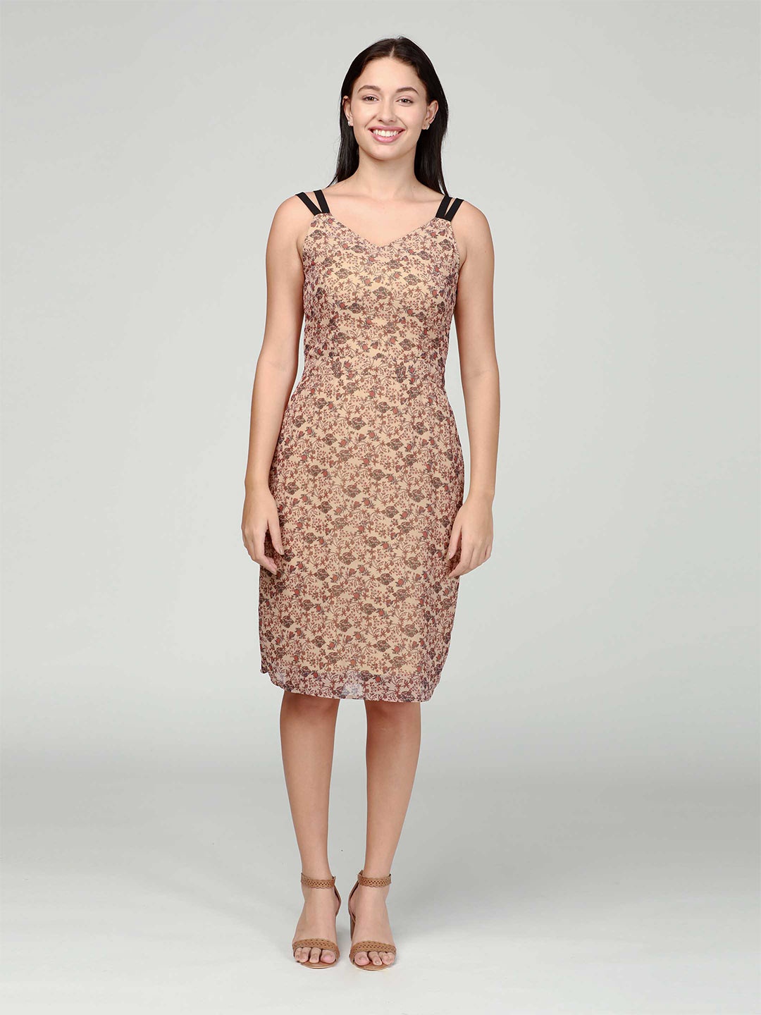 IDK Beige Floral PrintedShoulder Straps Sheath Dress