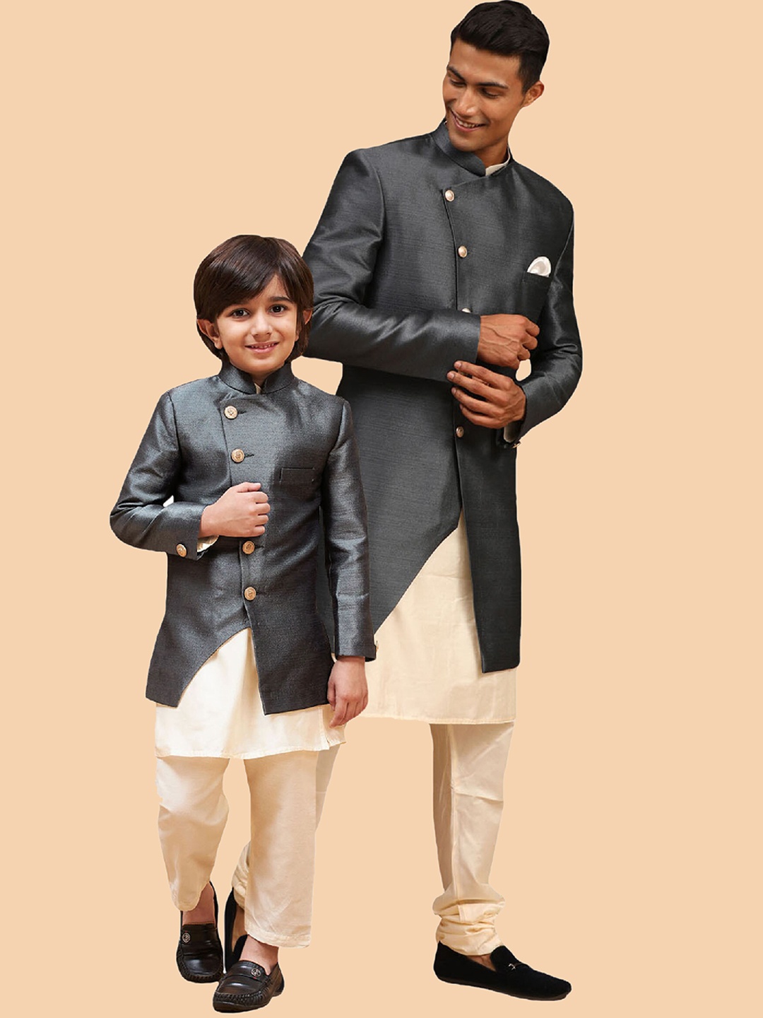 

VASTRAMAY Boys Angrakha Style Slim-Fit Indo Western Sherwani, Grey