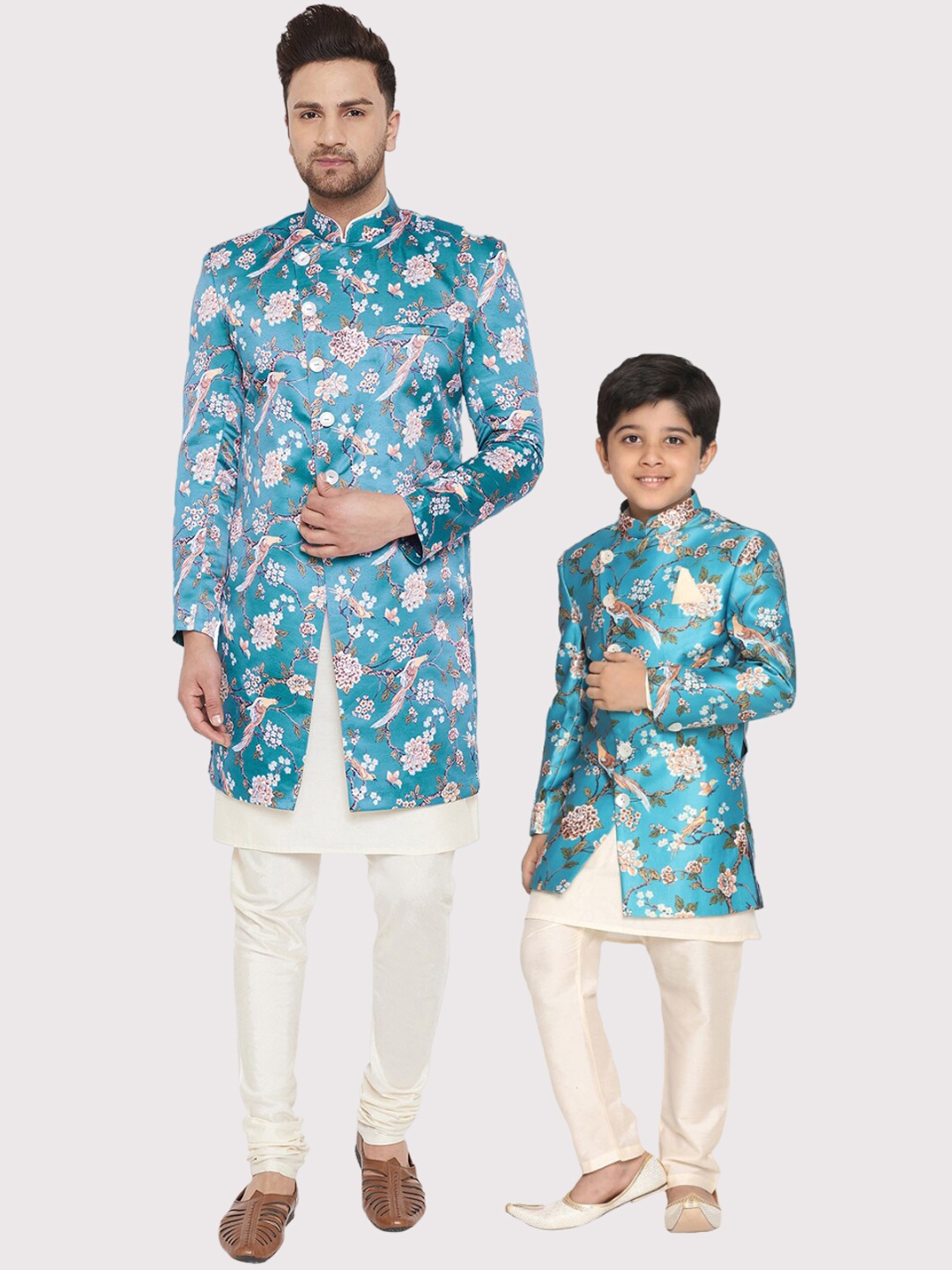 

VASTRAMAY Boys Angrakha Style Slim-Fit Indo Western Printed Sherwani, Turquoise blue