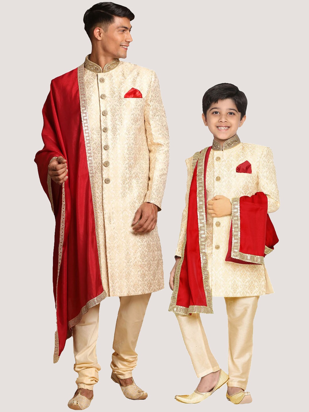 

VASTRAMAY Boys Woven-Design Slim-Fit Sherwani Set With Embellished Dupatta, Beige