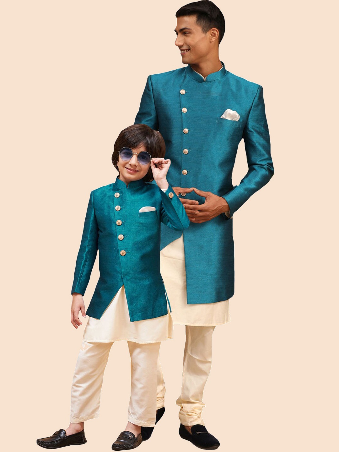 

VASTRAMAY Boys Angrakha Style Slim-Fit Indo Western Sherwani, Turquoise blue