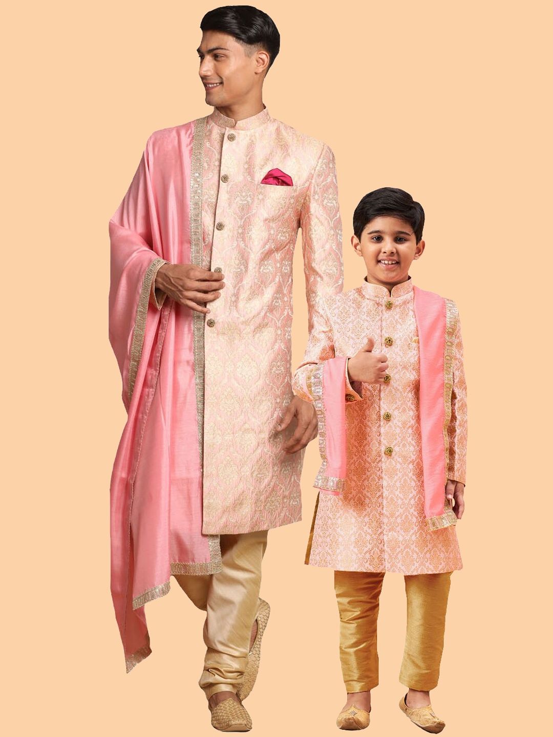 

VASTRAMAY Boys Woven-Design Sherwani Set, Pink