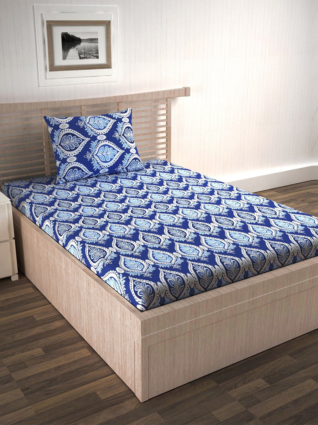 

Divine Casa Blue & White Ethnic Motifs 144 TC Single Bedsheet with 1 Pillow Covers