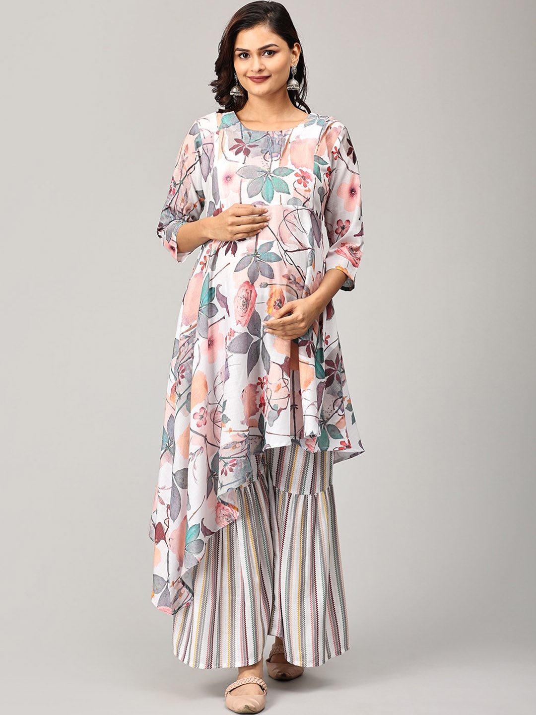 

The Mom Store Floral Printed Maternity Pure Cotton Kurta With Sharara, White