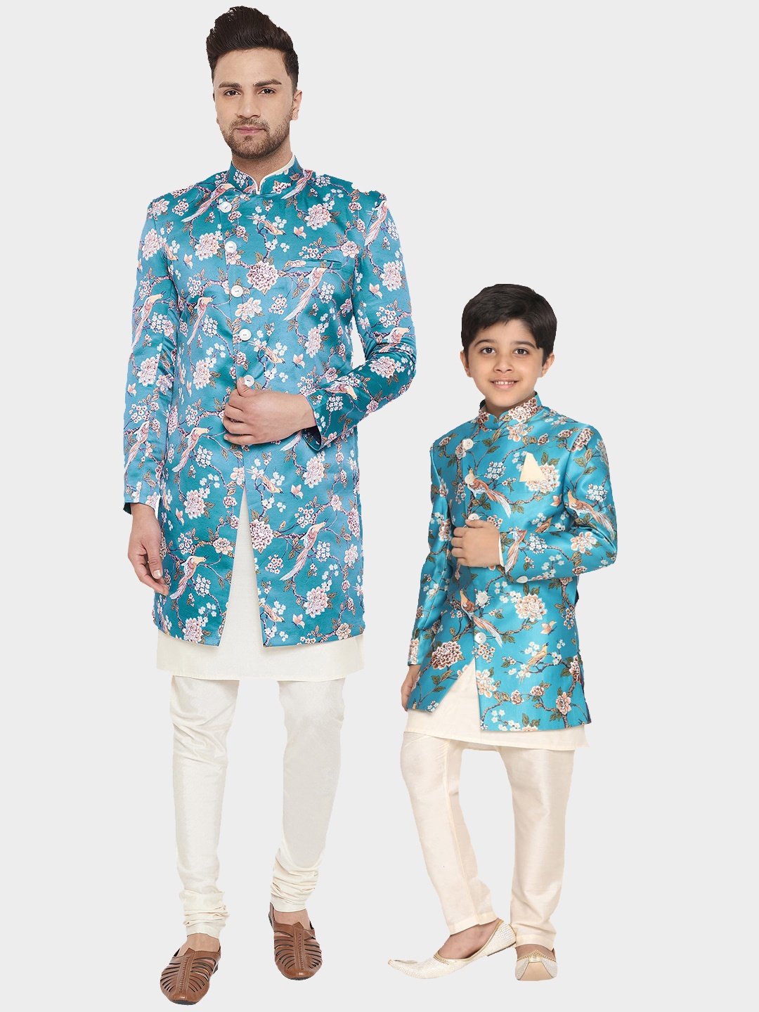 

VASTRAMAY Floral Printed Angrakha Style Indo Western Sherwani Set, Turquoise blue