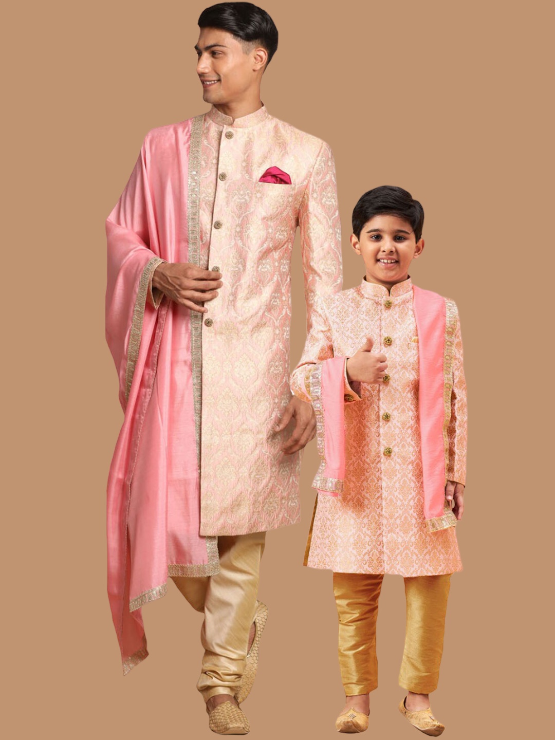 

VASTRAMAY Woven-Design Sherwani Set, Pink