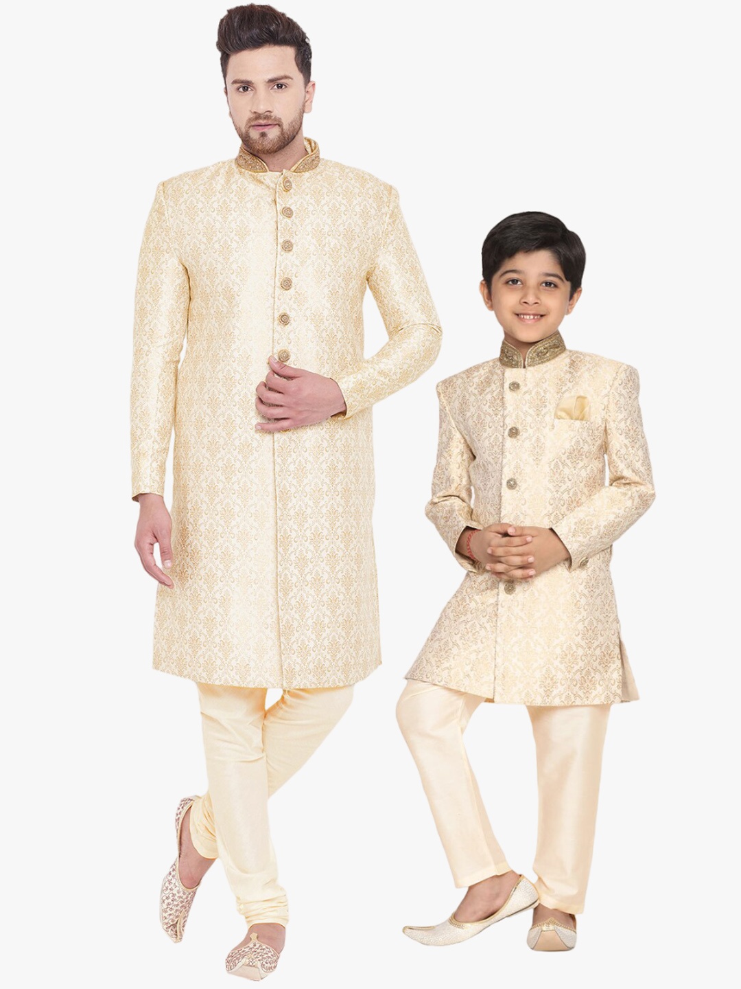 

VASTRAMAY Ethnic Motifs Woven Design Straight Sherwani Set, Beige