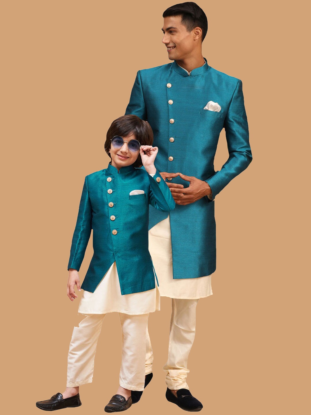 

VASTRAMAY Angrakha Style Indo Western Sherwani, Turquoise blue