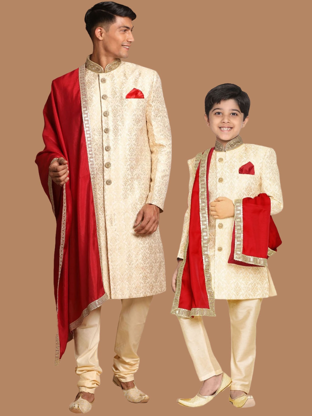 

VASTRAMAY Woven Design Mandarin Collar Sherwani Set, Beige