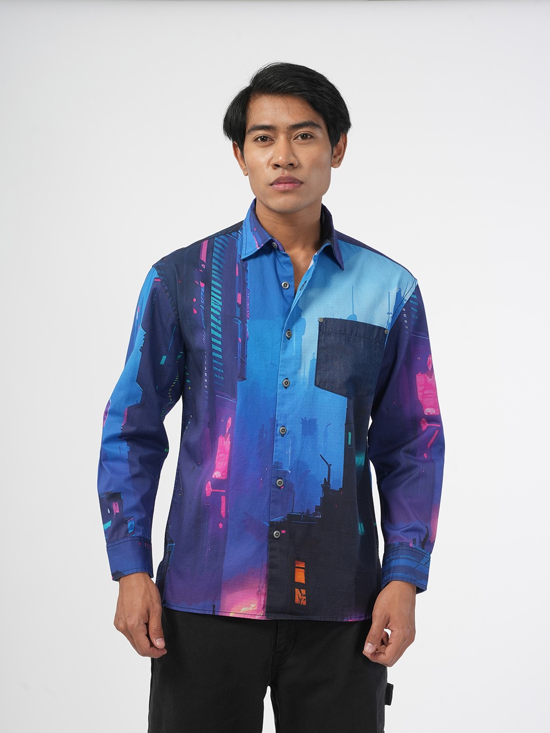 

NoBiY Graphic Printed Pure Cotton Casual Shirt, Blue