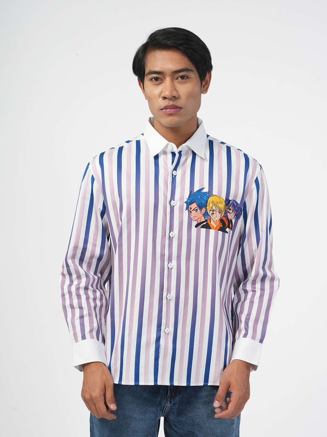 

NoBiY Vertical Striped Pure Cotton Naruto Details Casual Shirt, White