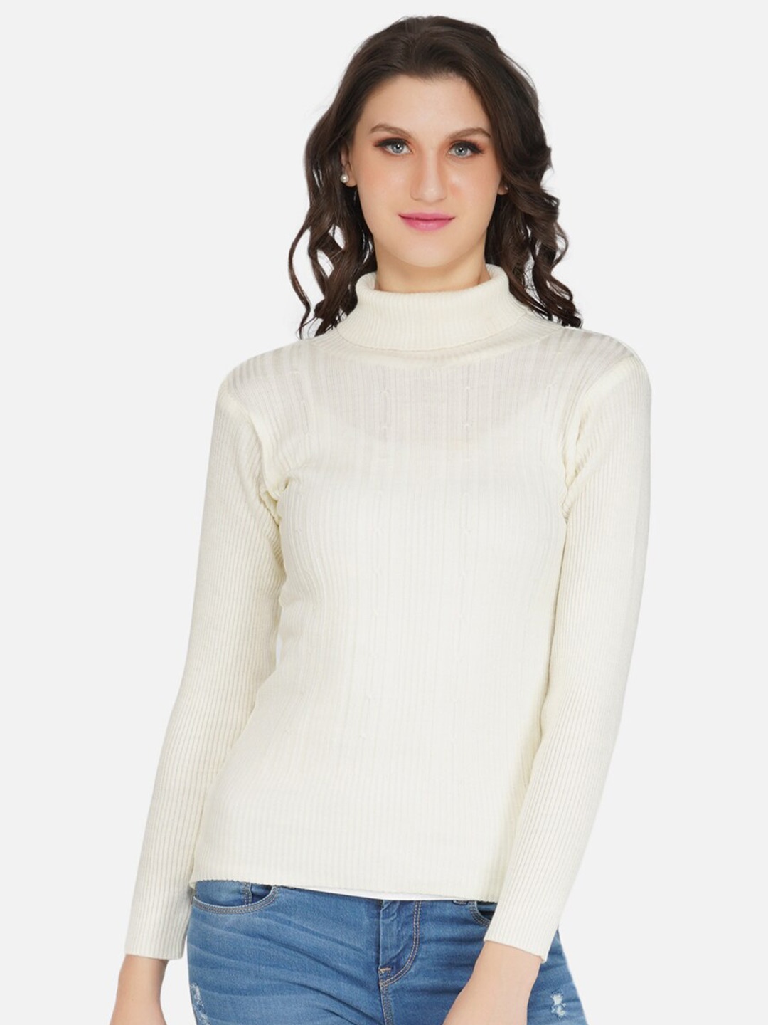 

FABNEST Ribbed Turtle Neck Acrylic Pullover, Off white