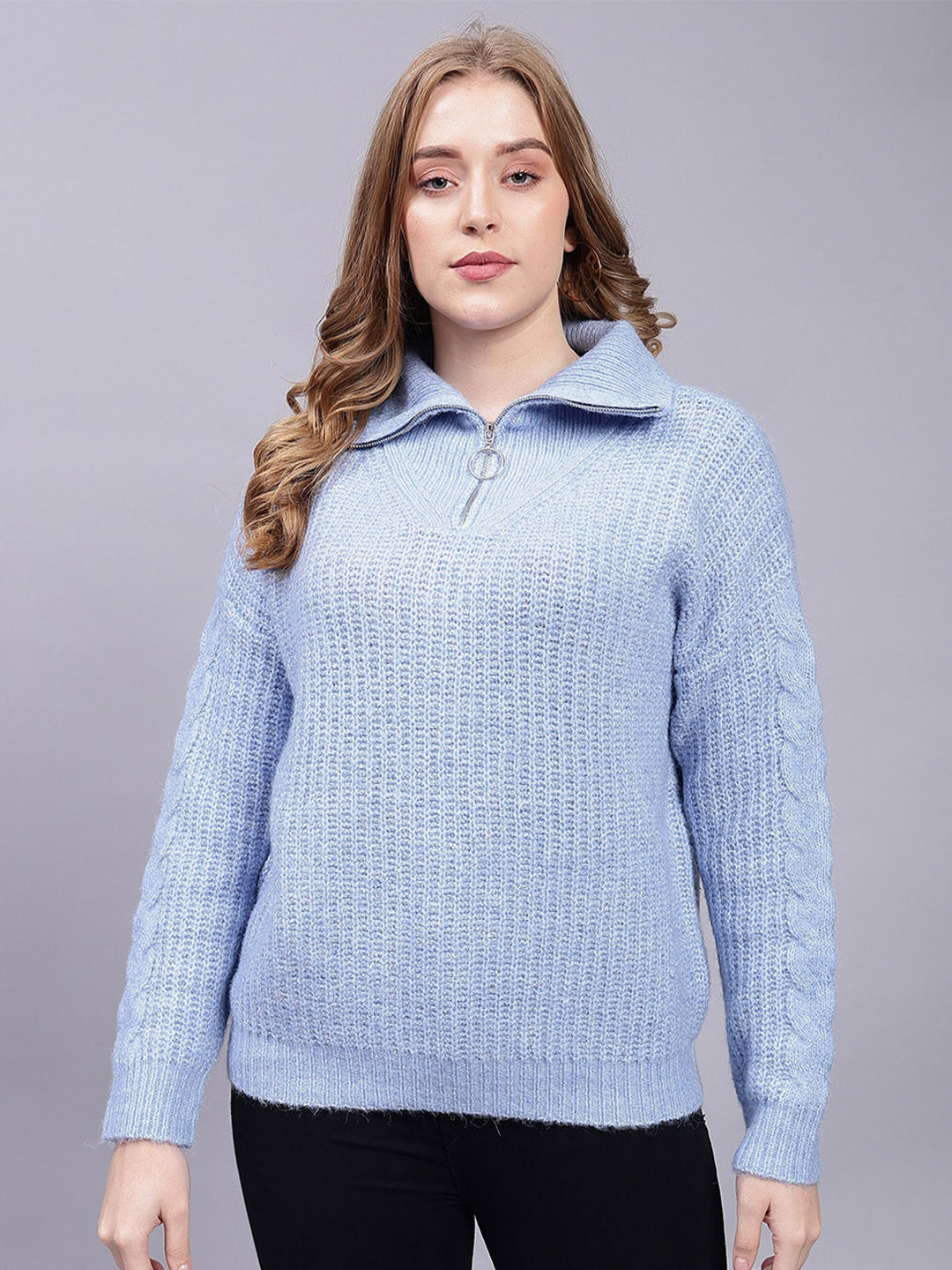 

Albion Cable Knit Spread Collar Half Zipper Pure Woollen Pullover, Blue
