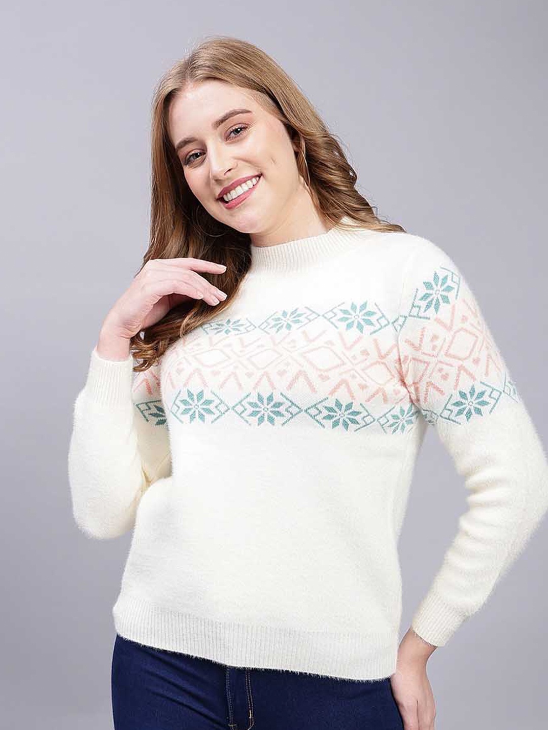 

Albion Geometric Printed High Neck Pure Woollen Pullover, White