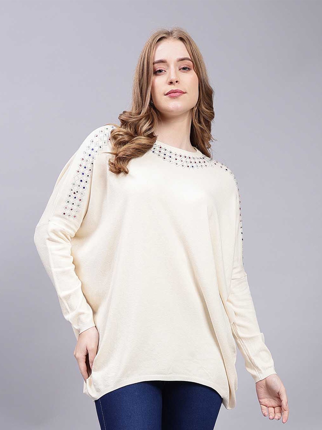 

Steele Drop Shoulder Sleeves Woollen Longline Pullover, Off white