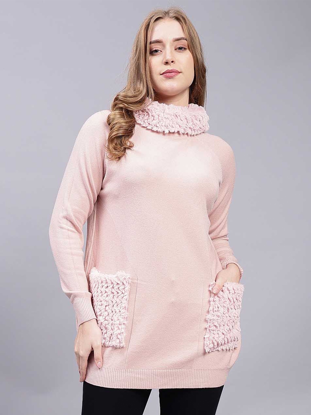 

Steele High Neck Fuzzy Pure Woollen Longline Pullover, Peach