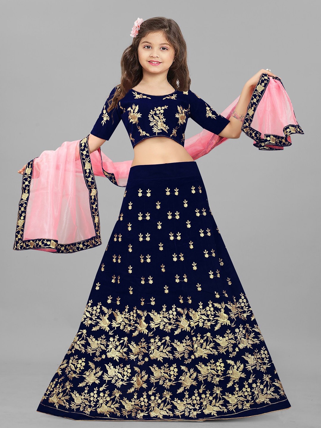 

BAESD Girls Embroidered Silk Semi-Stitched Lehenga & Unstitched Blouse With Dupatta, Blue