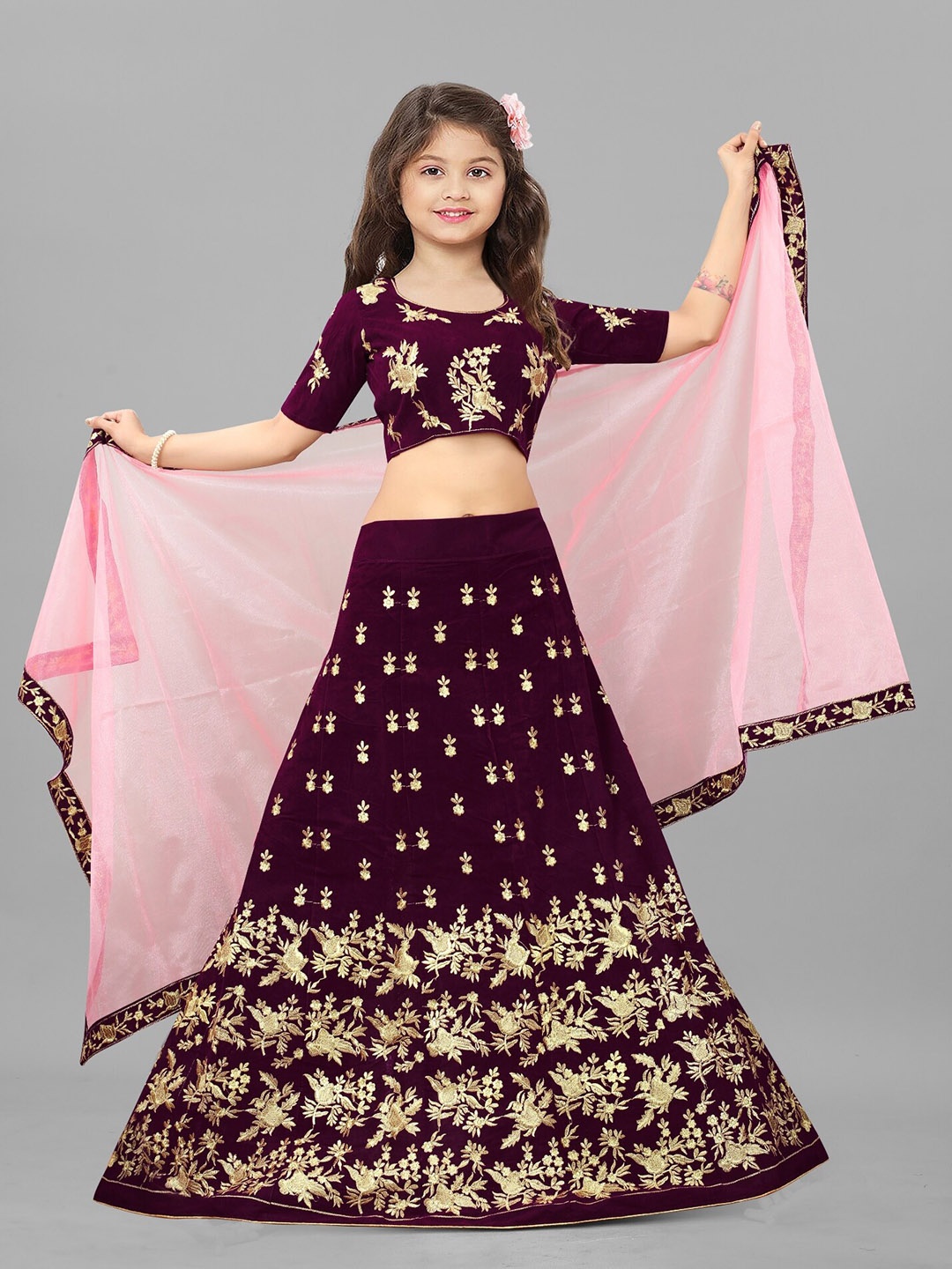 

BAESD Girls Embroidered Silk Semi-Stitched Lehenga & Unstitched Blouse With Dupatta, Purple