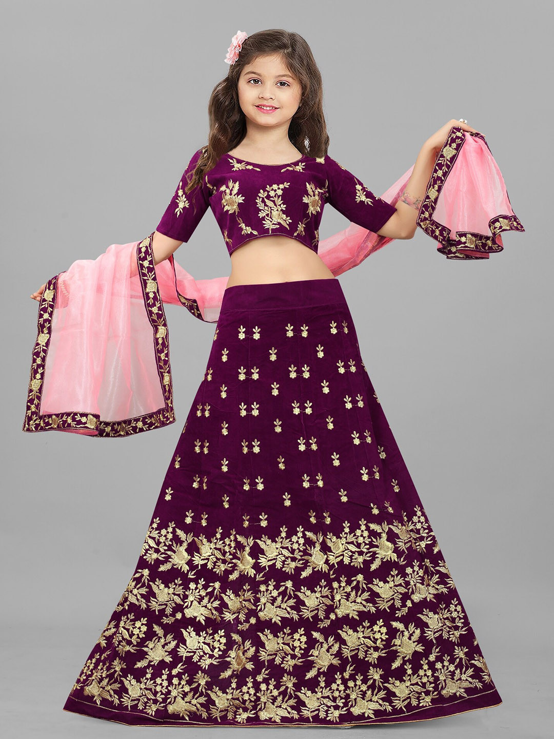 

BAESD Girls Embroidered Silk Semi-Stitched Lehenga & Unstitched Blouse With Dupatta, Purple