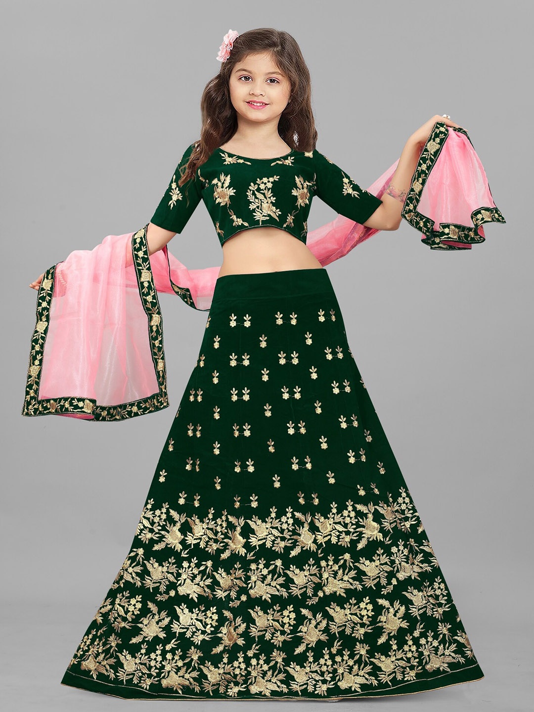 

BAESD Girls Embroidered Silk Semi-Stitched Lehenga & Unstitched Blouse With Dupatta, Green