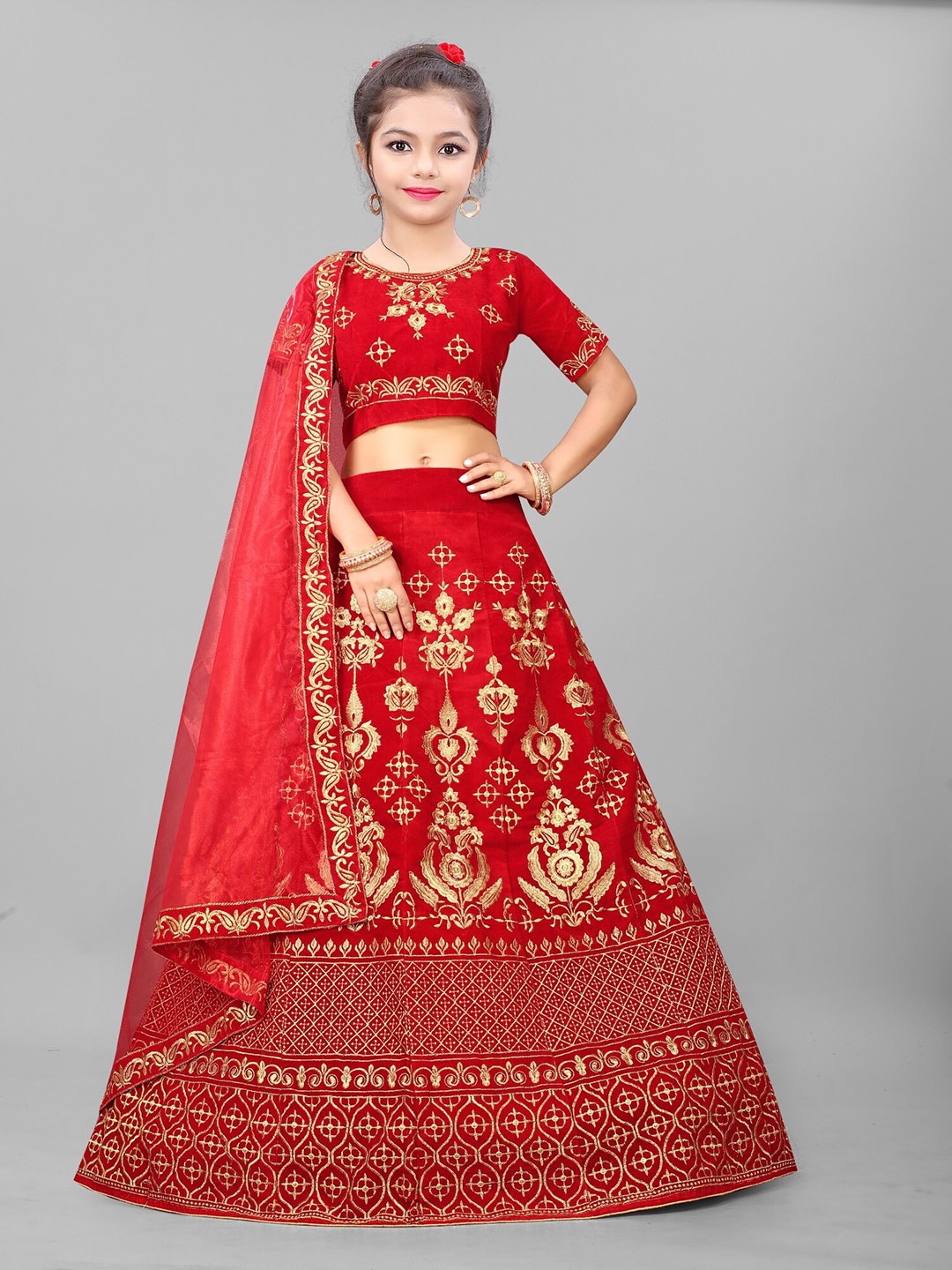 

BAESD Girls Embroidered Silk Semi-Stitched Lehenga & Unstitched Blouse With Dupatta, Red