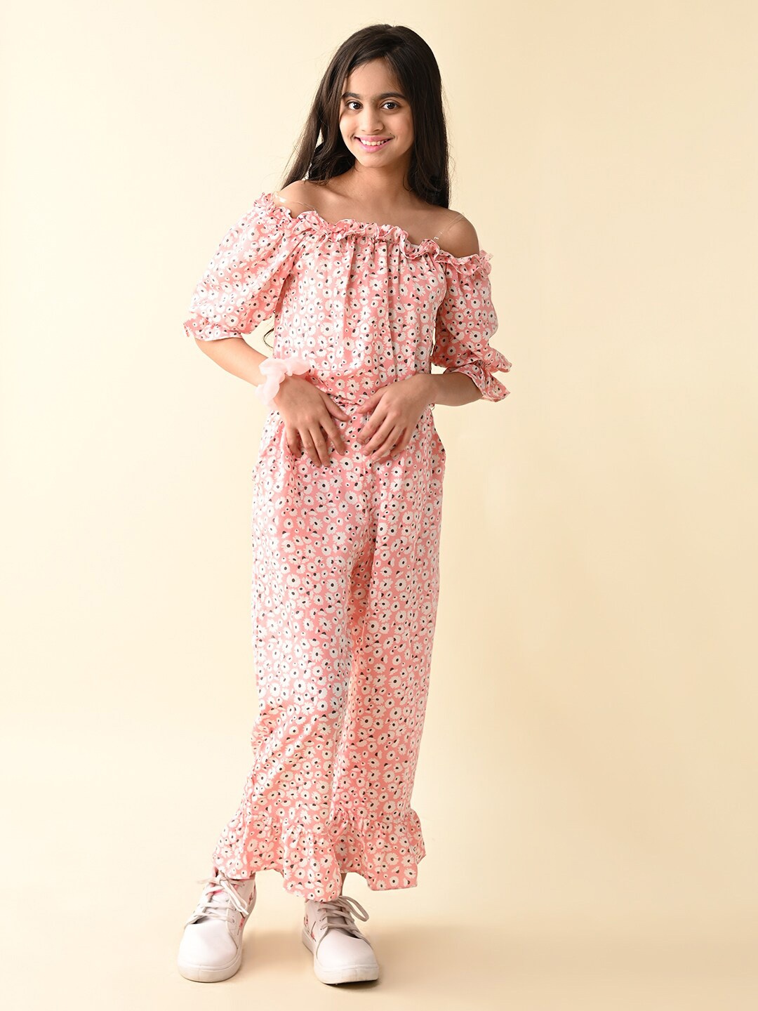 

BAESD GirlsOff-Shoulder Printed Cotton Basic Jumpsuit, Pink