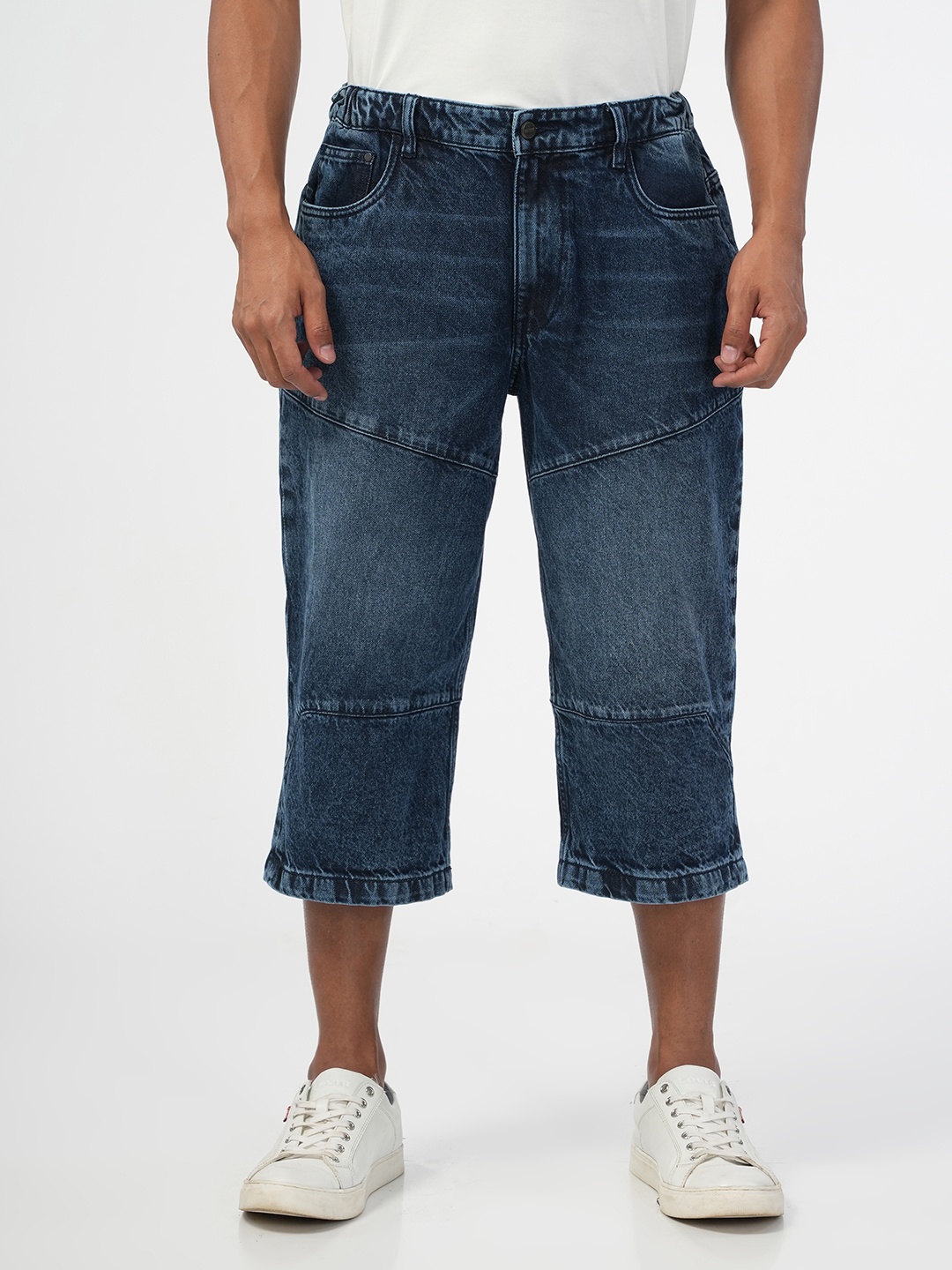 

NoBiY Men Mid-Rise Wide Leg Fit Heavy Fade Pure Cotton Cropped Jeans, Navy blue