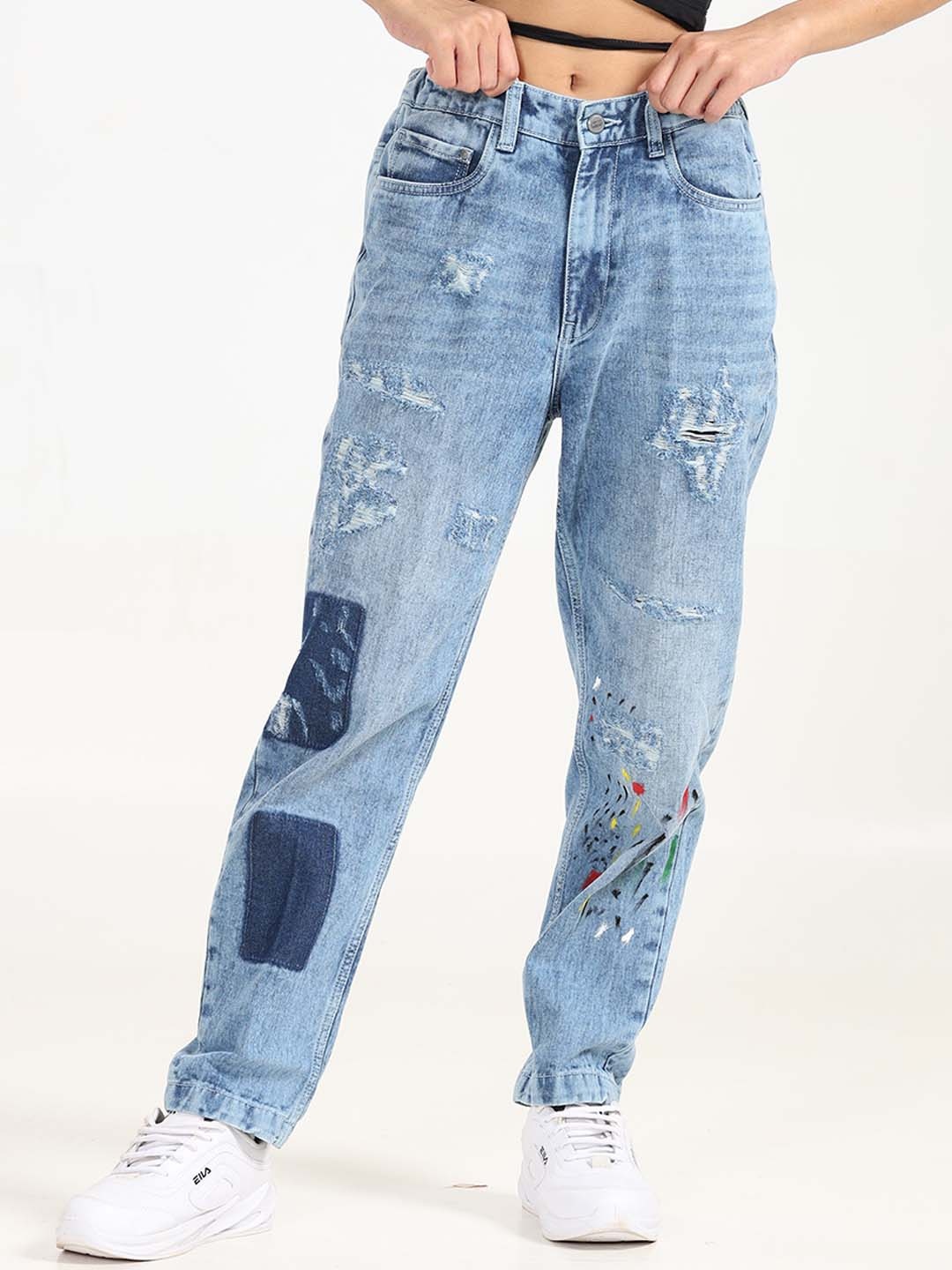 

NoBiY Men Mildly Distressed Relaxed Fit Highly Distressed Heavy Fade Jeans, Blue